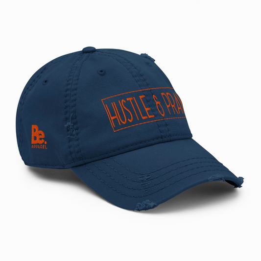 HUSTLE & PRAY - Navy & Orange Embroidered Distressed Dad Hat