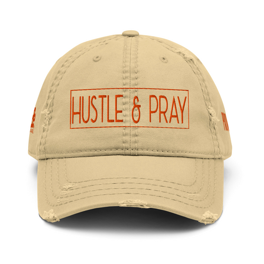 HUSTLE & PRAY - Tan & Orange Embroidered Distressed Dad Hat