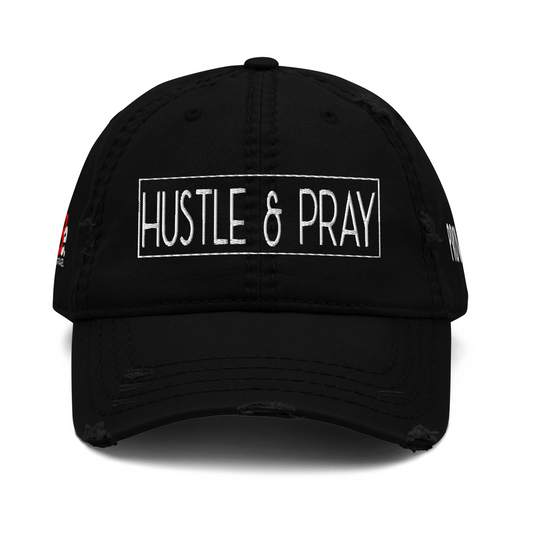HUSTLE & PRAY - White On Black Embroidered Distressed Dad Hat