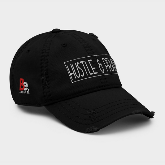 HUSTLE & PRAY - White On Black Embroidered Distressed Dad Hat