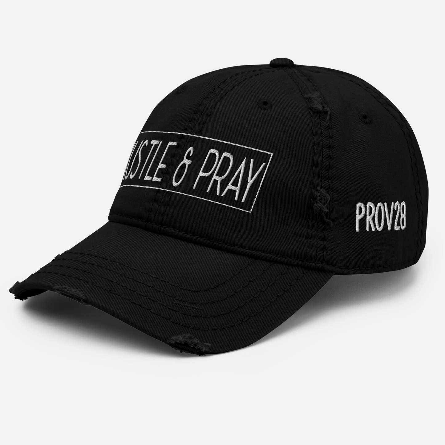 HUSTLE & PRAY - White On Black Embroidered Distressed Dad Hat