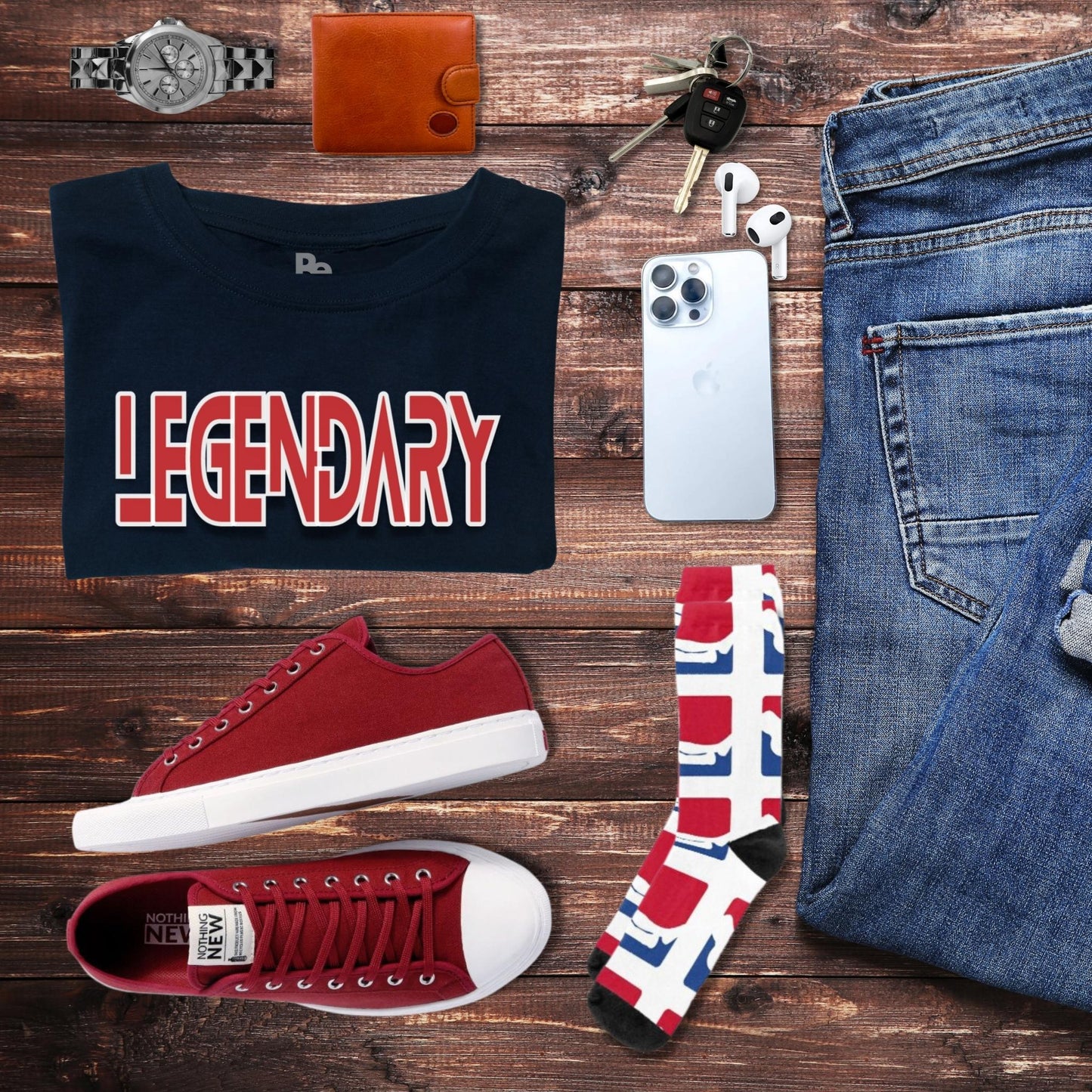 LEGENDARY MANTRA TEE - PUFF Print Red & White On Navy Tee