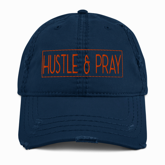 HUSTLE & PRAY - Navy & Orange Embroidered Distressed Dad Hat