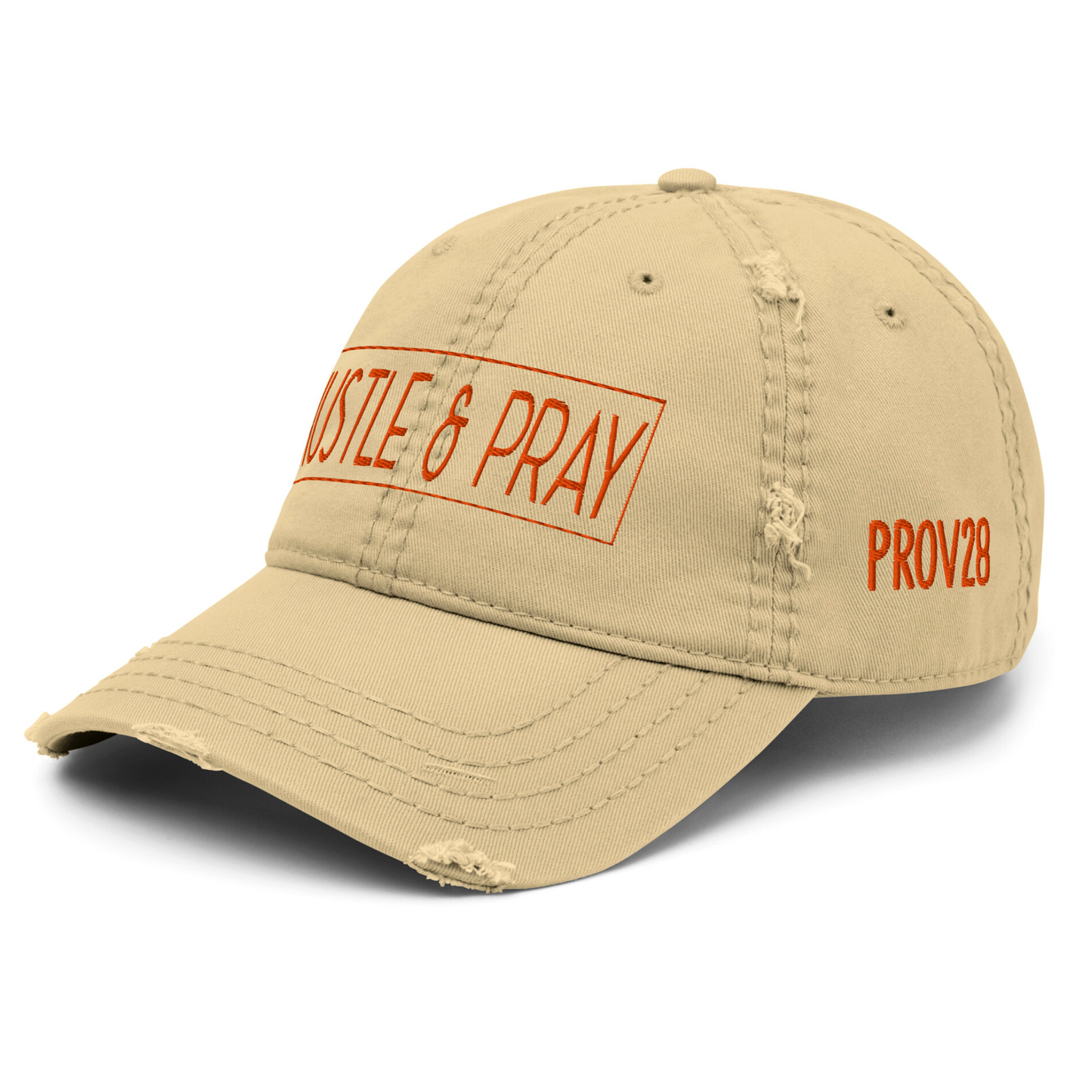 HUSTLE & PRAY - Tan & Orange Embroidered Distressed Dad Hat