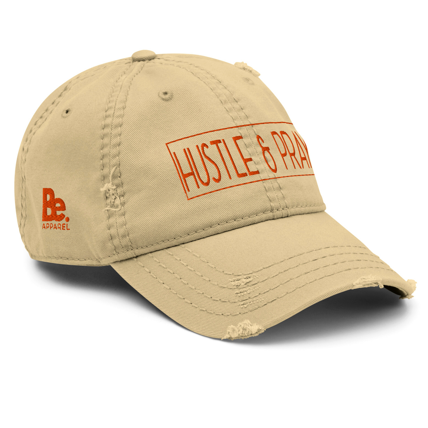 HUSTLE & PRAY - Tan & Orange Embroidered Distressed Dad Hat